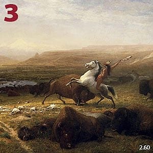 Albert Bierstadt's 1888 painting 'The Last of the Buffalo,' capturing a dramatic scene of a Native American hunter on horseback amid a bison herd.