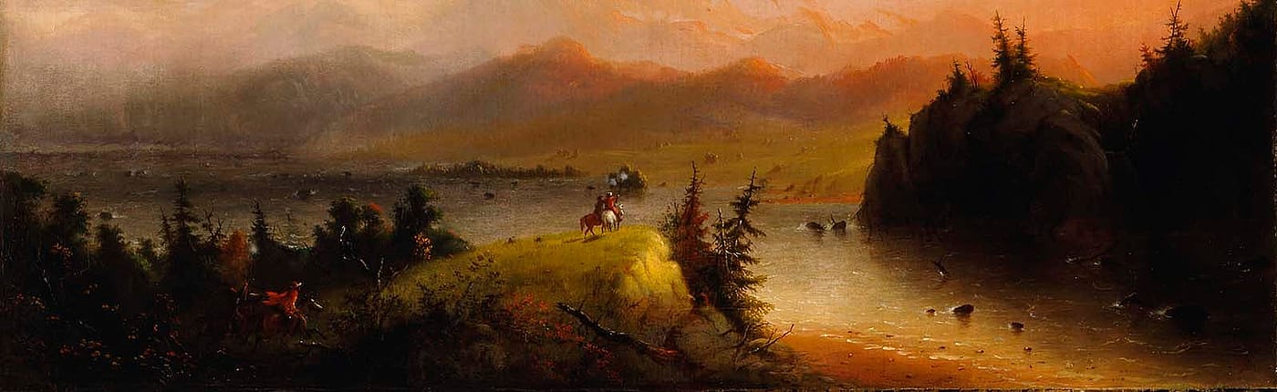 Alfred Jacob Miller (1810-1874). "Trappers Saluting the Wind River Mountains," ca. 1864. Oil on canvas, 21.9375 x 35.8125 inches. Buffalo Bill Center of the West, Cody, Wyoming. Gift of The Coe Foundation. 10.70 (detail)