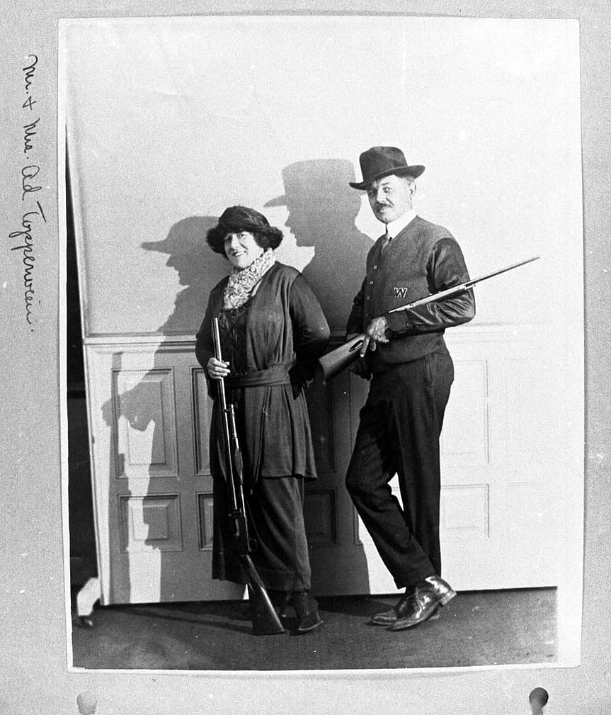 Adolph and Elizabeth (Plinky) Topperwein were a couple and sharpshooting duo. MS 20 Winchester Repeating Arms Company Collection. P.20.2986