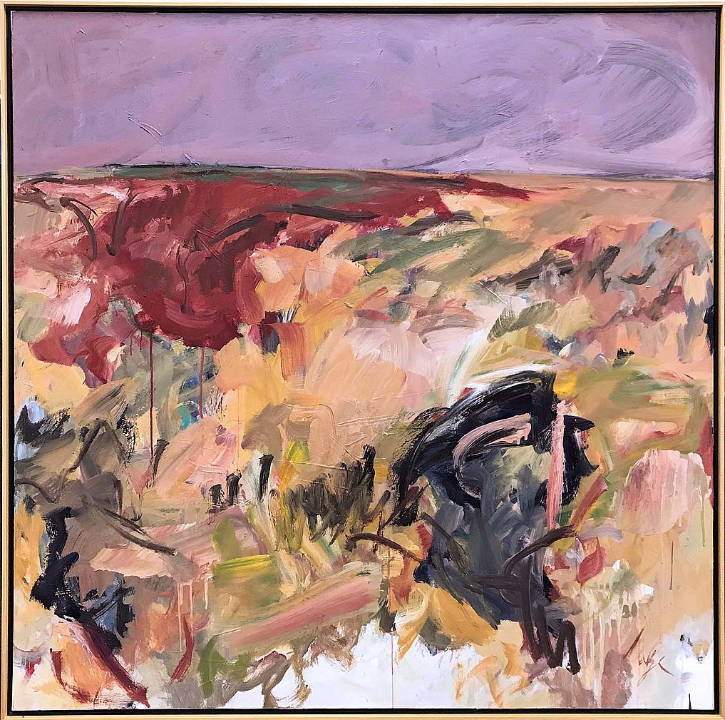 Abstract expressionist art with reds, lavenders, peach, black. Neltje (1934-2021), "My Heart Tumbles," 2003. Acrylic on canvas. Museum Purchase from William E. Weiss Memorial Fund. 1.22