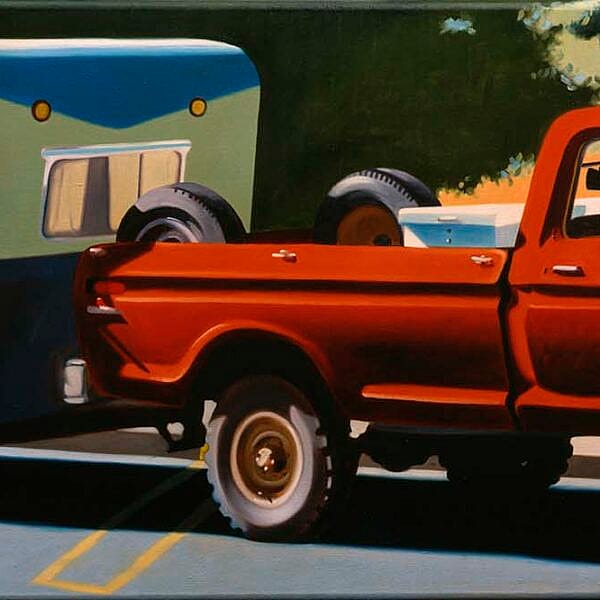 Red pickup pulling a blue and white travel trailer. Robert Seabeck (b. 1945). "Fall Scene," 1979. Oil on canvas. Gift of anonymous donor. 6.79