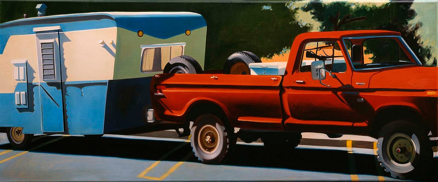 Red pickup pulling a blue and white travel trailer. Robert Seabeck (b. 1945). "Fall Scene," 1979. Oil on canvas. Gift of anonymous donor. 6.79