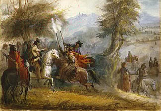 Alfred Jacob Miller (1810-1874). "Greeting the Trappers," ca. 1837. Watercolor on paper. Gift of The Coe Foundation. 8.70