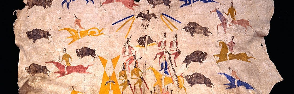 Painted hide, Sundance and buffalo hunt, 1900. Painted by Kadzie Cody, So-soreh (Shoshone). Hide, pigment. NA.702.31