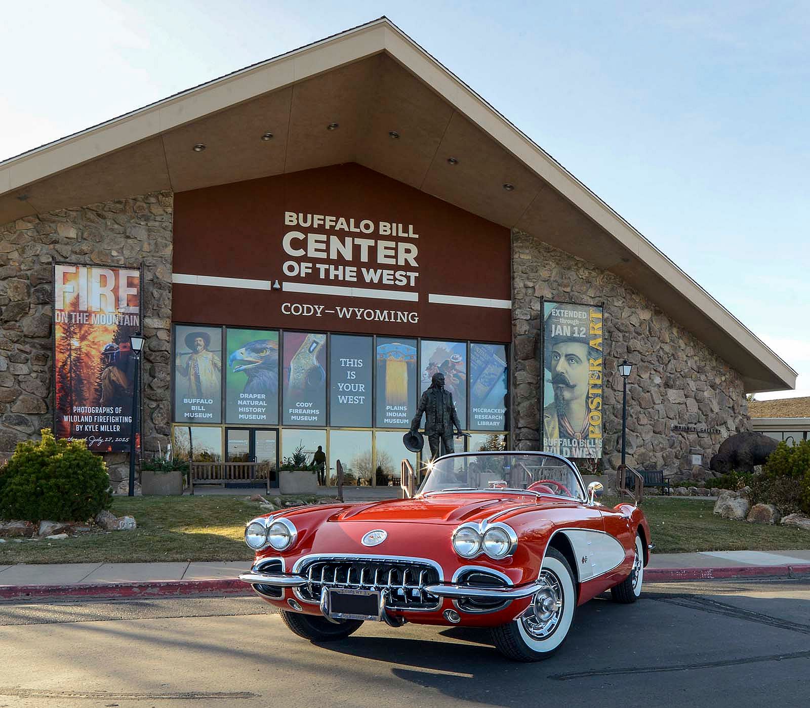 1959 Corvette Convertible raffle car in front of the Buffalo Bill Center of the West.