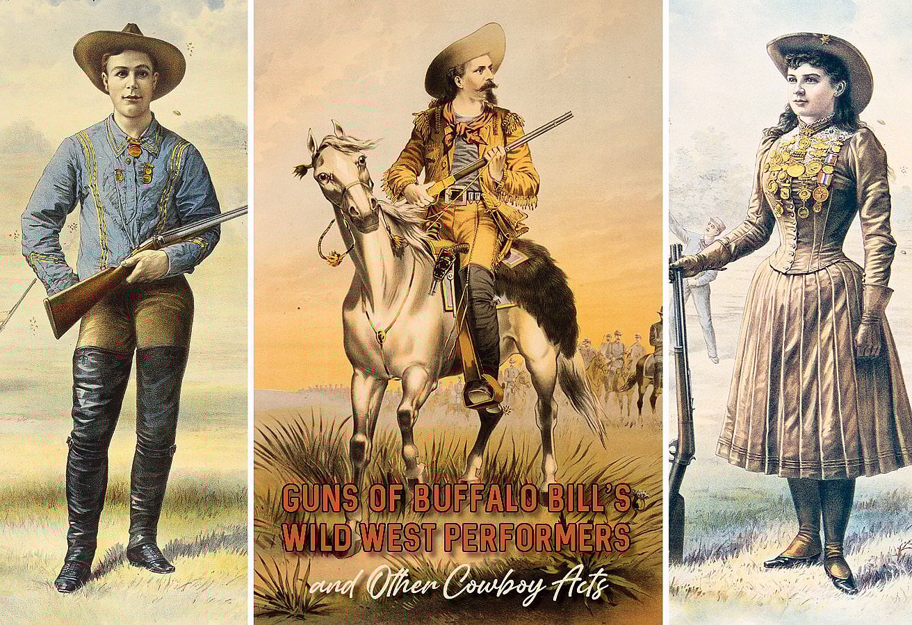 Three-panel graphic of man with rifle, man on horseback with rifle, and woman with riflt