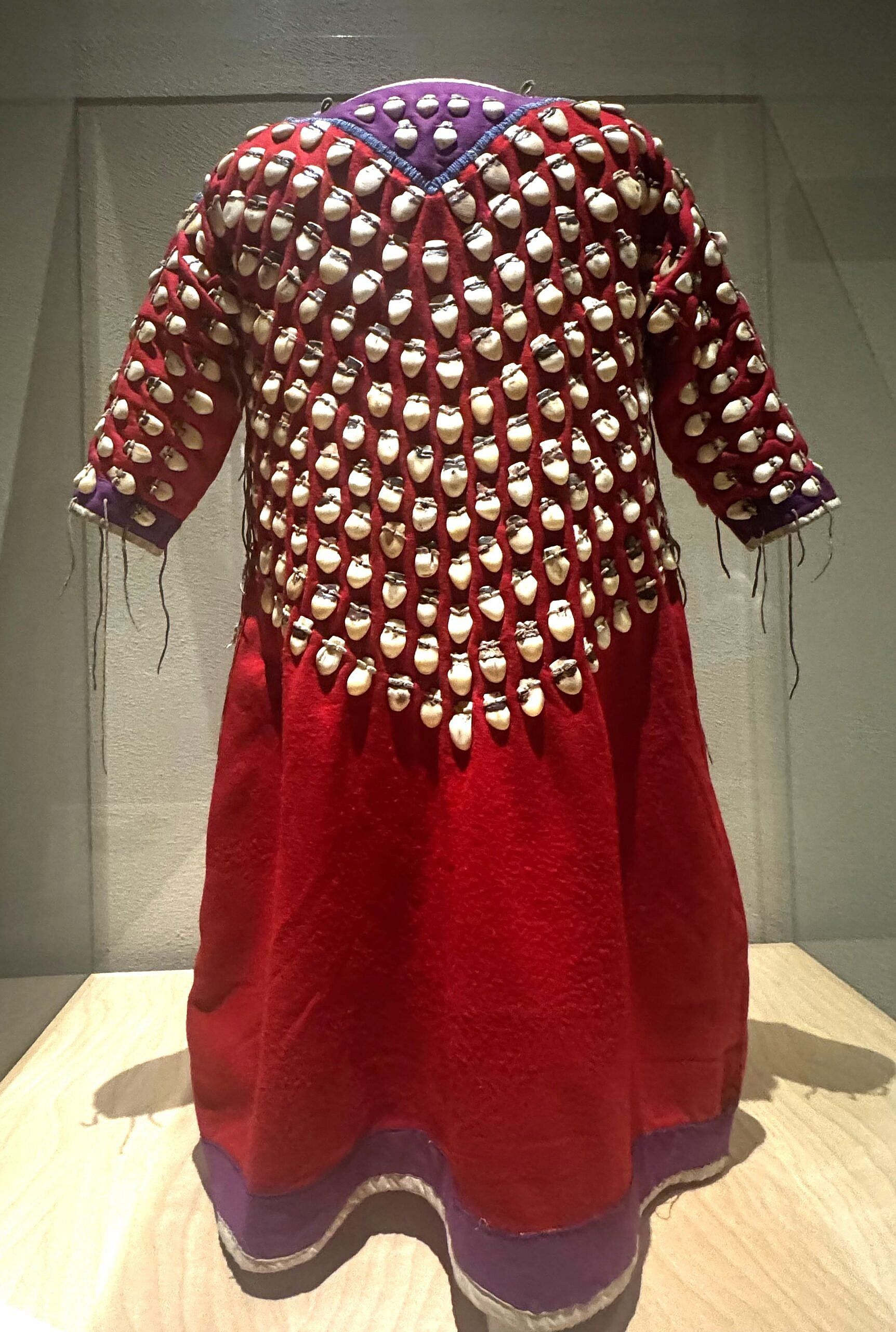 Elk Tteetch sewn into a wool dress that was hand-sewn by an Apsáalooke (Crow), ca. 1890.