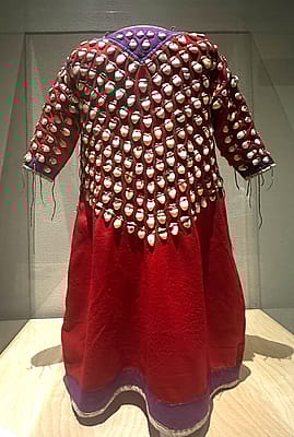 Elk Tteetch sewn into a wool dress that was hand-sewn by an Apsáalooke (Crow), ca. 1890.