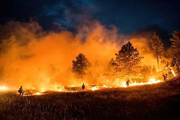 Lighters on Rankin. Fire on the Mountain: Photographs of Wildland Firefighting by Kyle Miller. Three firefighters with backdrop of flames, smoke, trees, and dark sky.