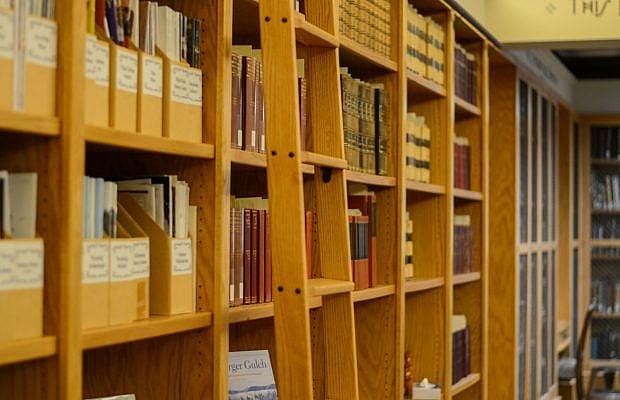 Bookshelves with a moving ladder.