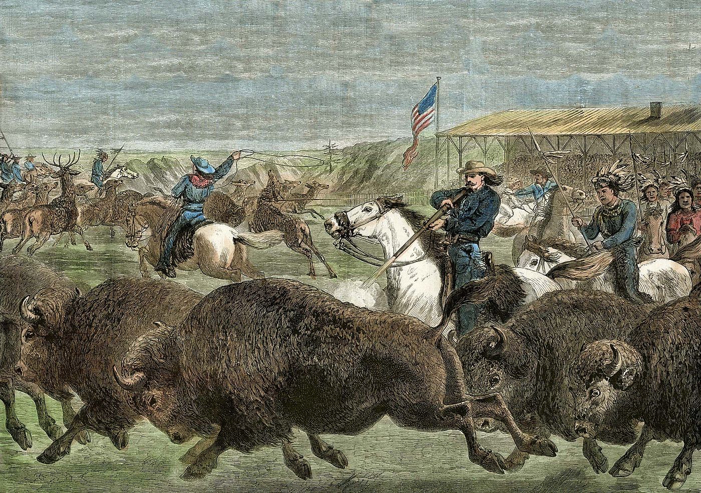 The “Wild West at the Great American Exhibition: Hunting Bison and Wapiti Deer.” Sam Carter. The Illustrated London News, June 18, 1887, p.683. Colored. MS51.395.1