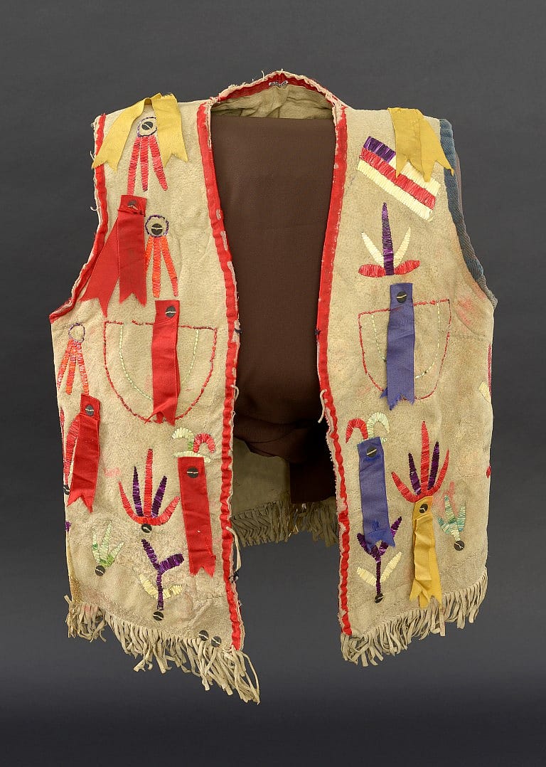 Vest, Santee Sioux, Center Plains, ca. 1880.  Tanned Hide, dyed porcupine quills, silk ribbon, cotton cloth, silk cloth, wool cloth, metal sequins. Paul Dyck Plains Indian Buffalo Culture Collection. NA.202.1445