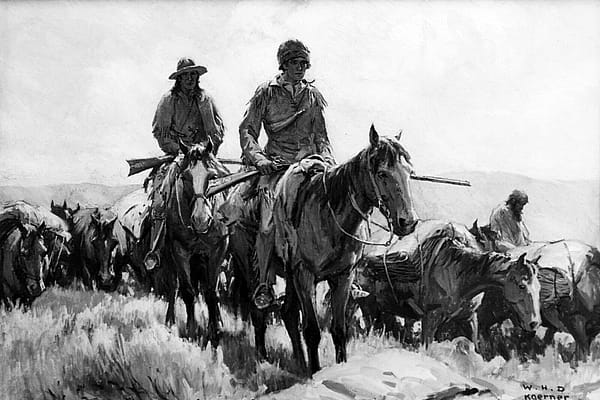 Black & white graphic featuring WHD Koerner's 1931 painting of two mounted explorers with flintlock rifles across their laps leading another man and a pack string.