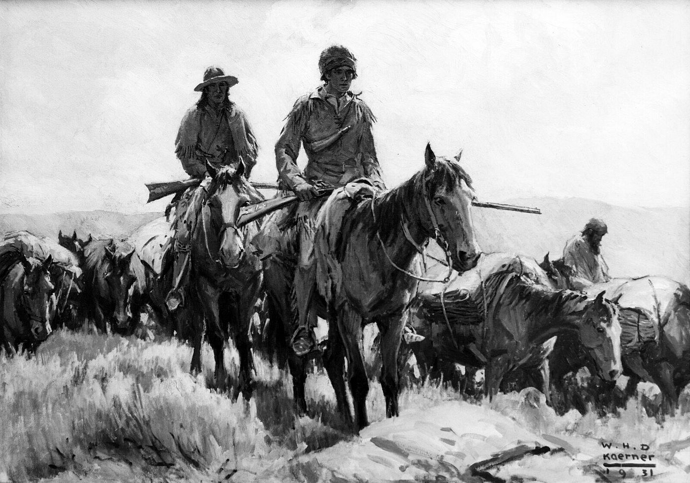 Black & white graphic featuring WHD Koerner's 1931 painting of two mounted explorers with flintlock rifles across their laps leading another man and a pack string.