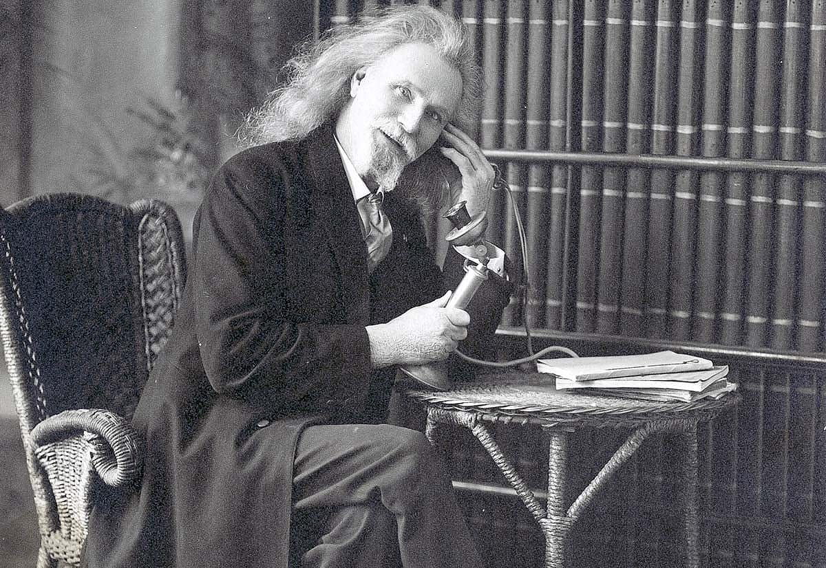 Captain Jack Crawford on the telephone. MS 322 John Wallace Crawford Collection, McCracken Research Library. P.322.0134 (detail)