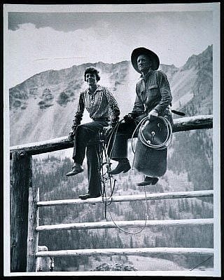 Amelia Earhart and Carl Dunrud at Dunrud's "Double Dee Ranch" near Meeteetse, Wyoming, 1934. The Absaroka Mountains are in the background. Photograph by Charles Belden, Gift of Mrs. Verna Belden, P.67.1476.1