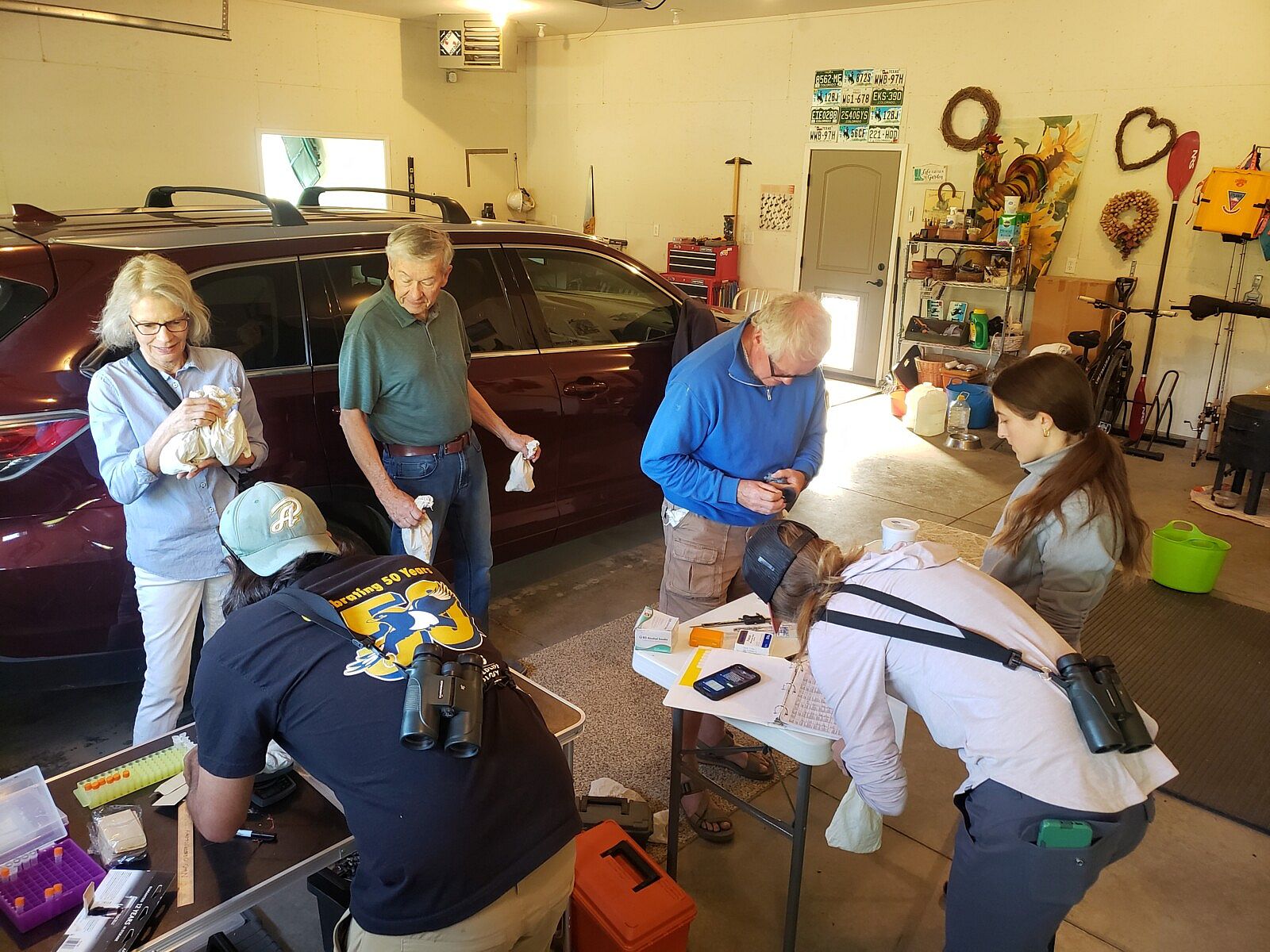 A team of six people in a garage collecting research data from Pinyon Jays.