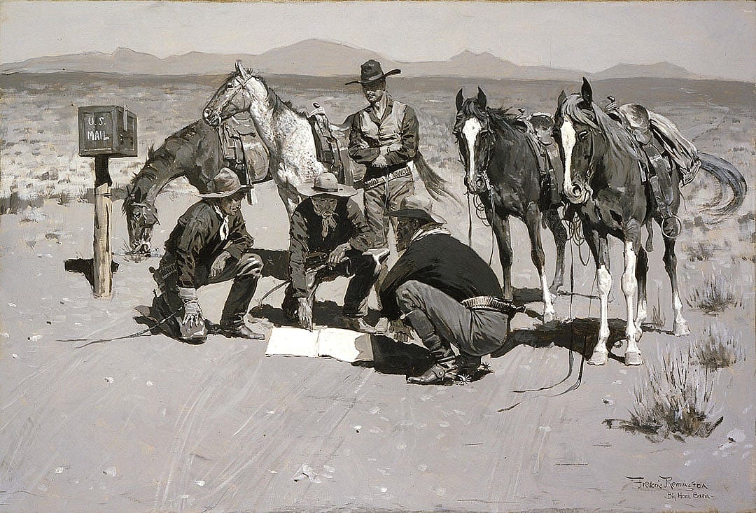 Frederic Remington (1861–1909). "Post Office in Cow Country," c. 1901. Black and white oil on canvas. 11.76