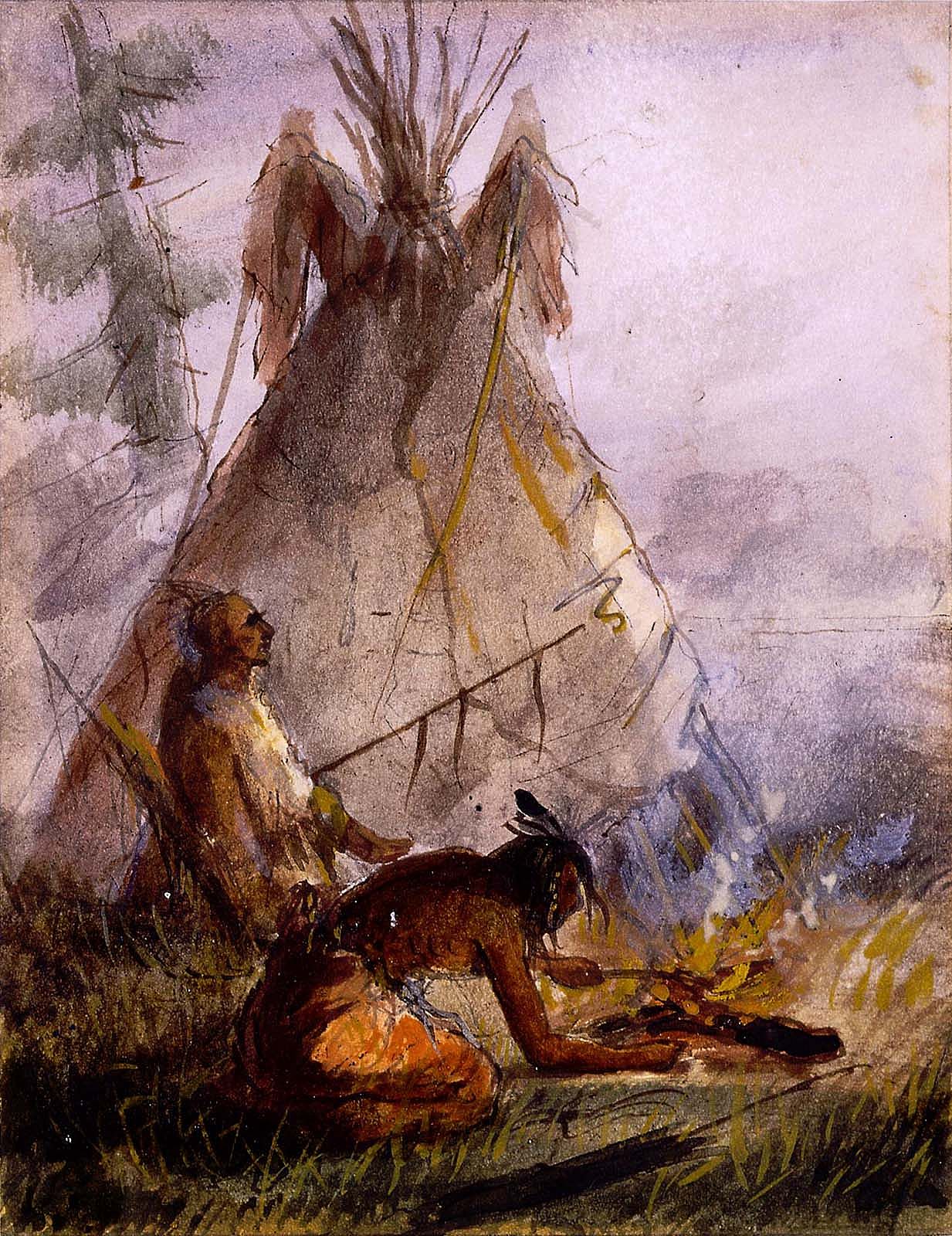 Artist Alfred Jacob Miller created a number of sketches and other works, including the watercolor "Building the Fire," during his 1837 expedition to the West. Watercolor on paper. Gift of The Coe Foundation. 30.64