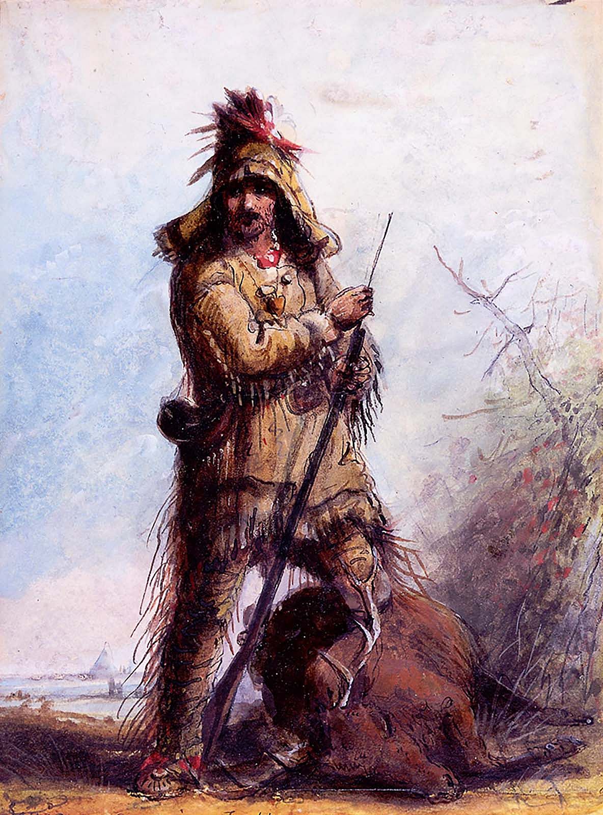Alfred Jacob Miller's watercolor on paper "Louis - Rocky Mountain Trapper" is one of many iconic images he created that helped create the mythological image of the mountain man. Gift of The Coe Foundation. 36.64