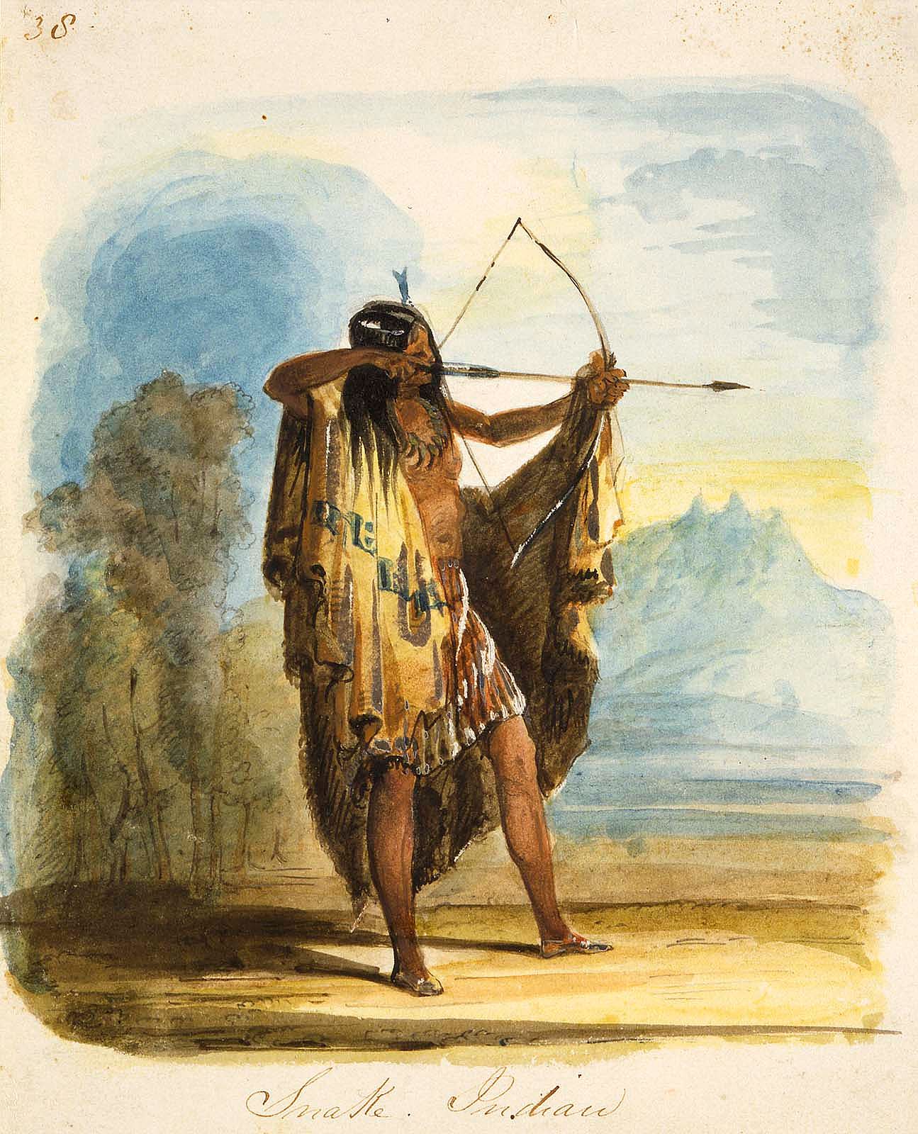 "Snake Indian," a pencil and watercolor on paper, is one of several images Alfred Jacob Miller created during an 1837 expedition to the West. Bequest of Joseph M. Roebling. 8.80