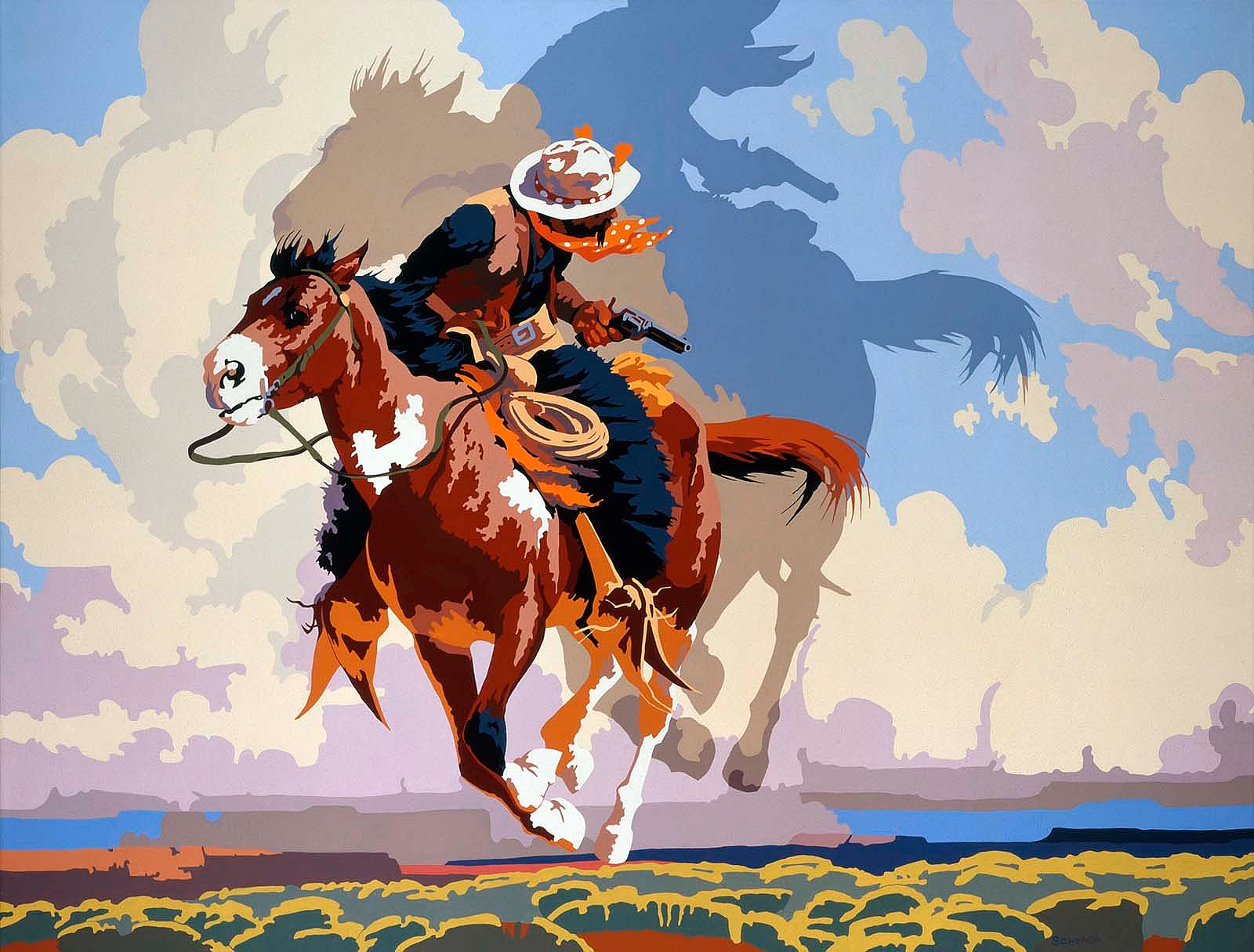 The 1994 oil painting, “A Flight from Destiny,” by Bill Schenck, shows a fleeing cowboy wielding a horse pistol as he checks behind for pursuers. Oil on canvas. Gift of The Alexander Bodini Foundation, in memory of Alexander Bodini. 1.95