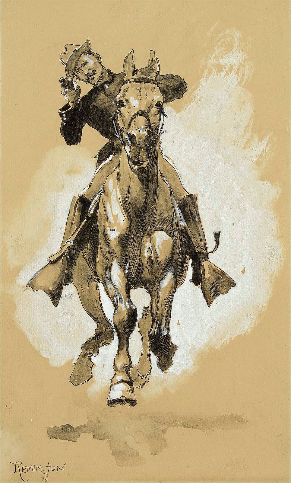 “A Steady Goer,” by Frederic Remington, ca. 1890. This drawing illustrated “Breaking a Horse to Stand Fire” in “Harper's Weekly,” February 15, 1890. Gift in memory of Dorothy “Lambie” Holsapple. 20.00