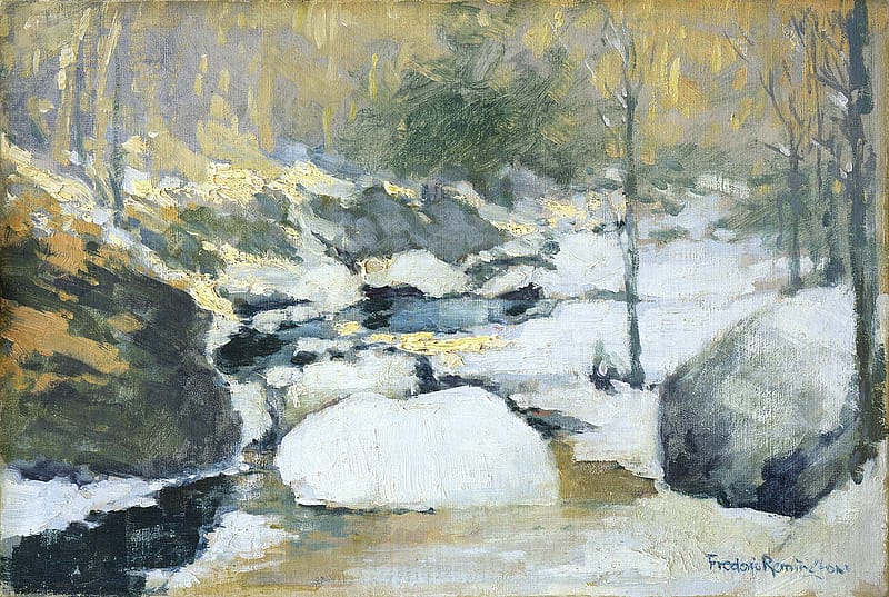 Frederic Remington (1861 - 1909). Untitled (Impressionistic winter scene of stream, rocks, and trees). Oil on board. Gift of The Coe Foundation. 75.67