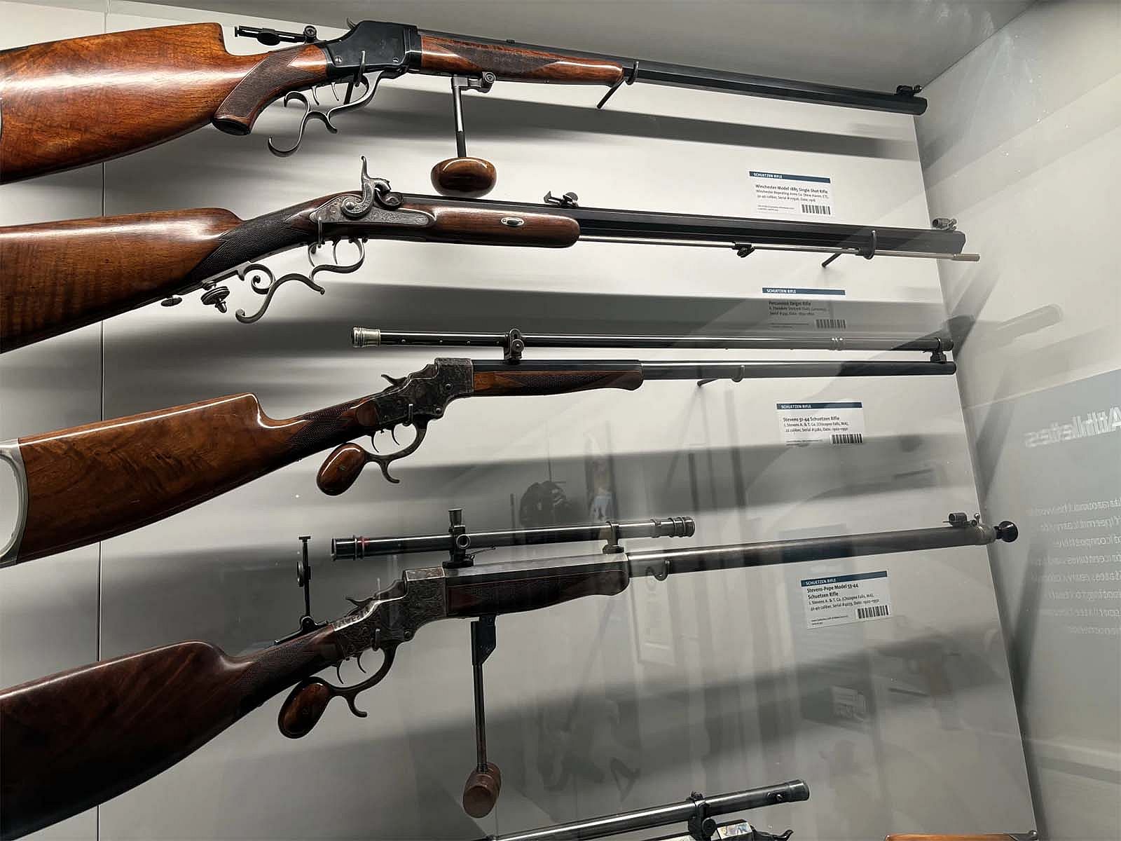 Schuetzenfest rifles are on display in the shooting sports section of the Cody Firearms Museum.