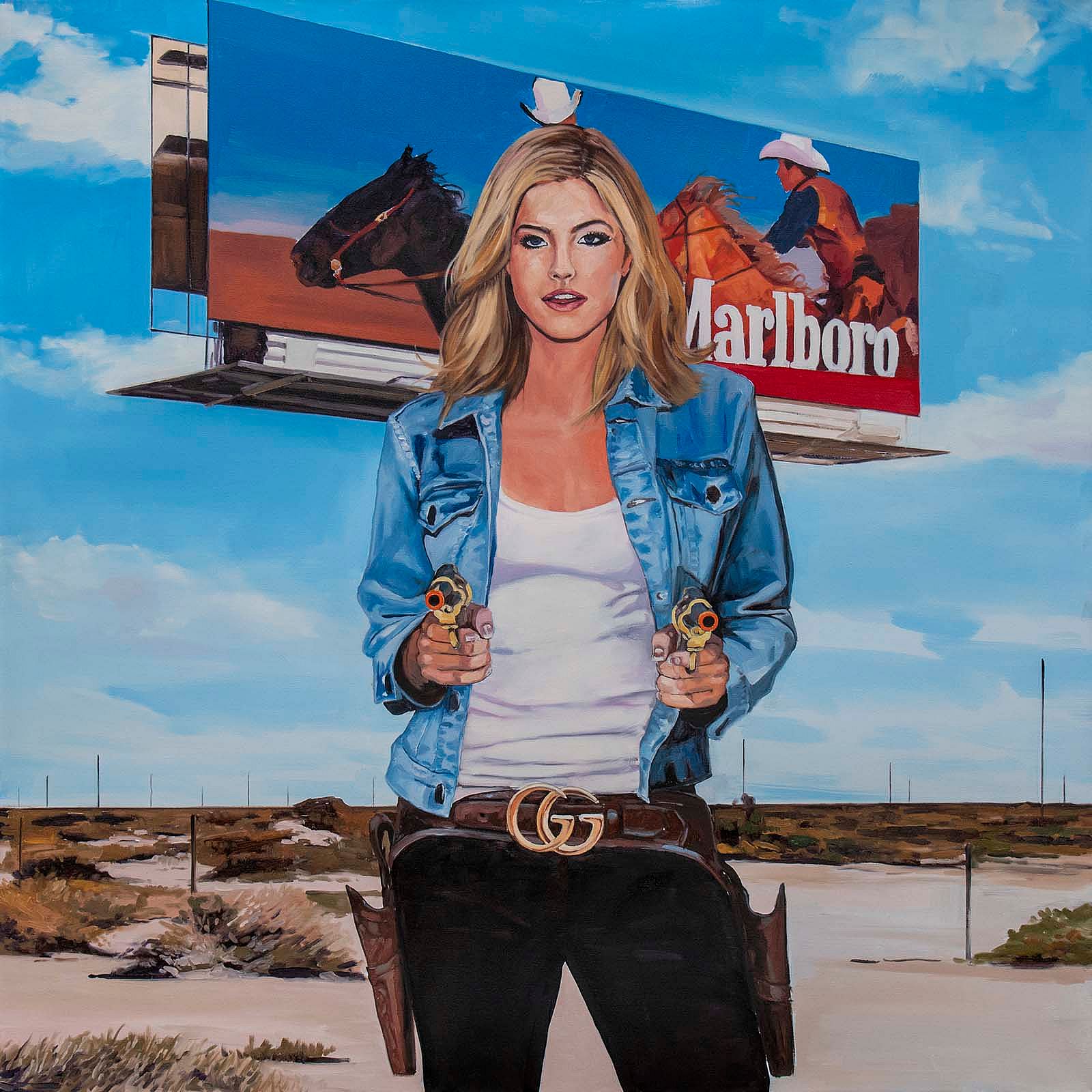 Tracy Stuckey, Marlboro Woman, 2022. Oil on canvas, 48 x 48 inches. Courtesy of Visions West Contemporary and the Artist.