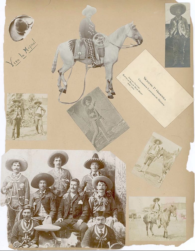 This scrapbook of vaqueros includes Vicente Oropeza's business card. In the middle, bottom photo Oropeza is seen throwing a lasso. MS 6 William F. Cody Collection, McCracken Research Library. MS6.4075.12.0