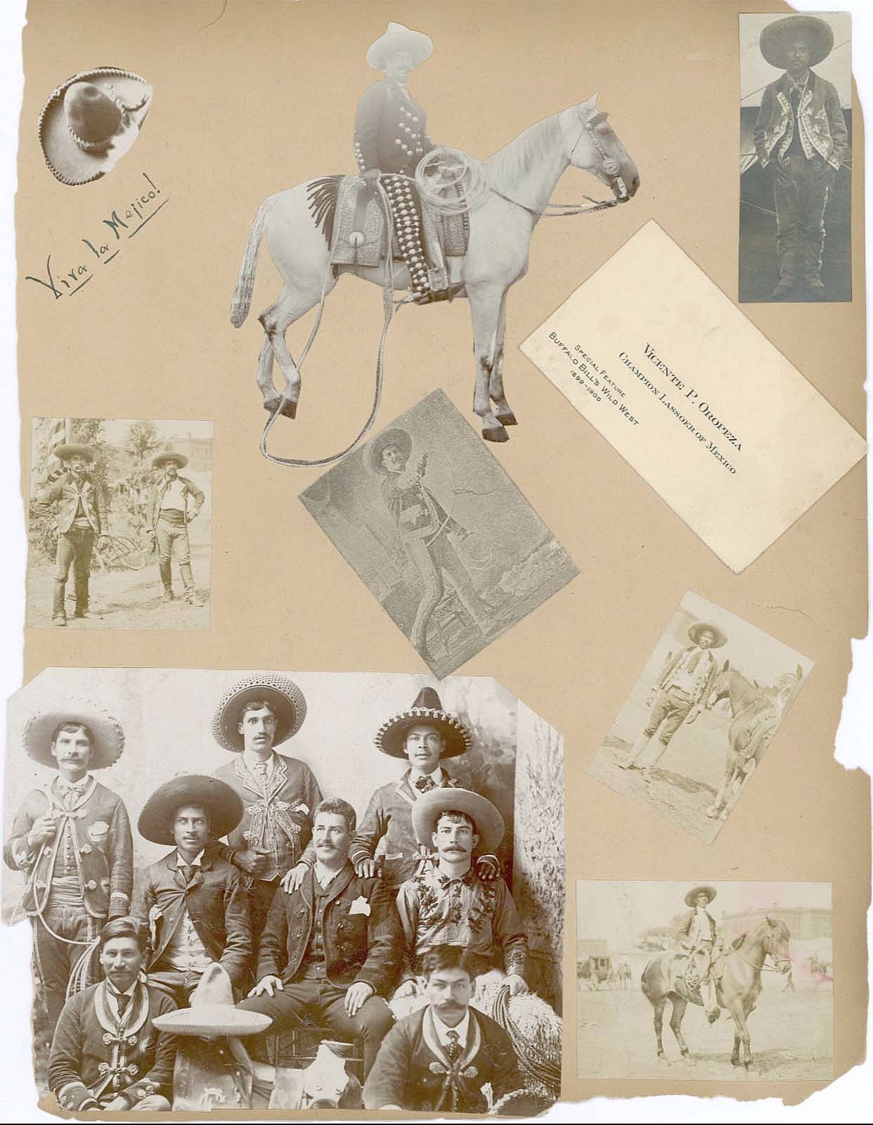 This scrapbook of vaqueros includes Vicente Oropeza's business card. In the middle, bottom photo Oropeza is seen throwing a lasso. MS 6 William F. Cody Collection, McCracken Research Library. MS6.4075.12.0