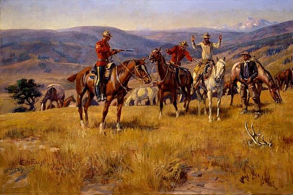 A Royal Canadian Mounted Police officer points a rifle at a mounted man, whose hands are up. Charles M. Russell (1864-1926). "When Law Dulls the Edge of Chance," 1915. Oil on canvas, 30 x 48 inches. Gift of William E. Weiss. 28.78