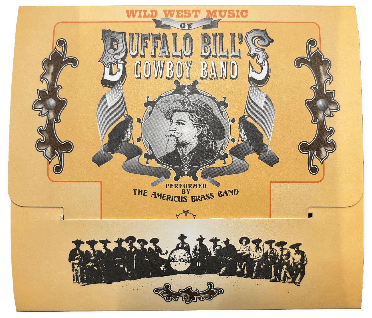 "The Wild West Music of Buffalo Bill's Cowboy Band" CD as performed by the Americus Brass Band in 1995. The project was directed by Mike Masterson with historical consulting from Paul Fees.