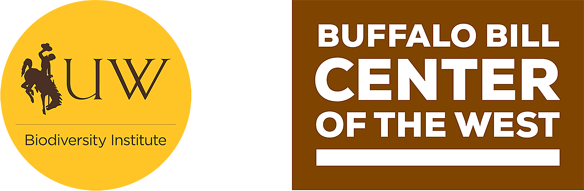 Round yellow logo with brown print "UW Biodiversity Institute" and brown rectangular logo with white print "Buffalo Bill Center of the West"